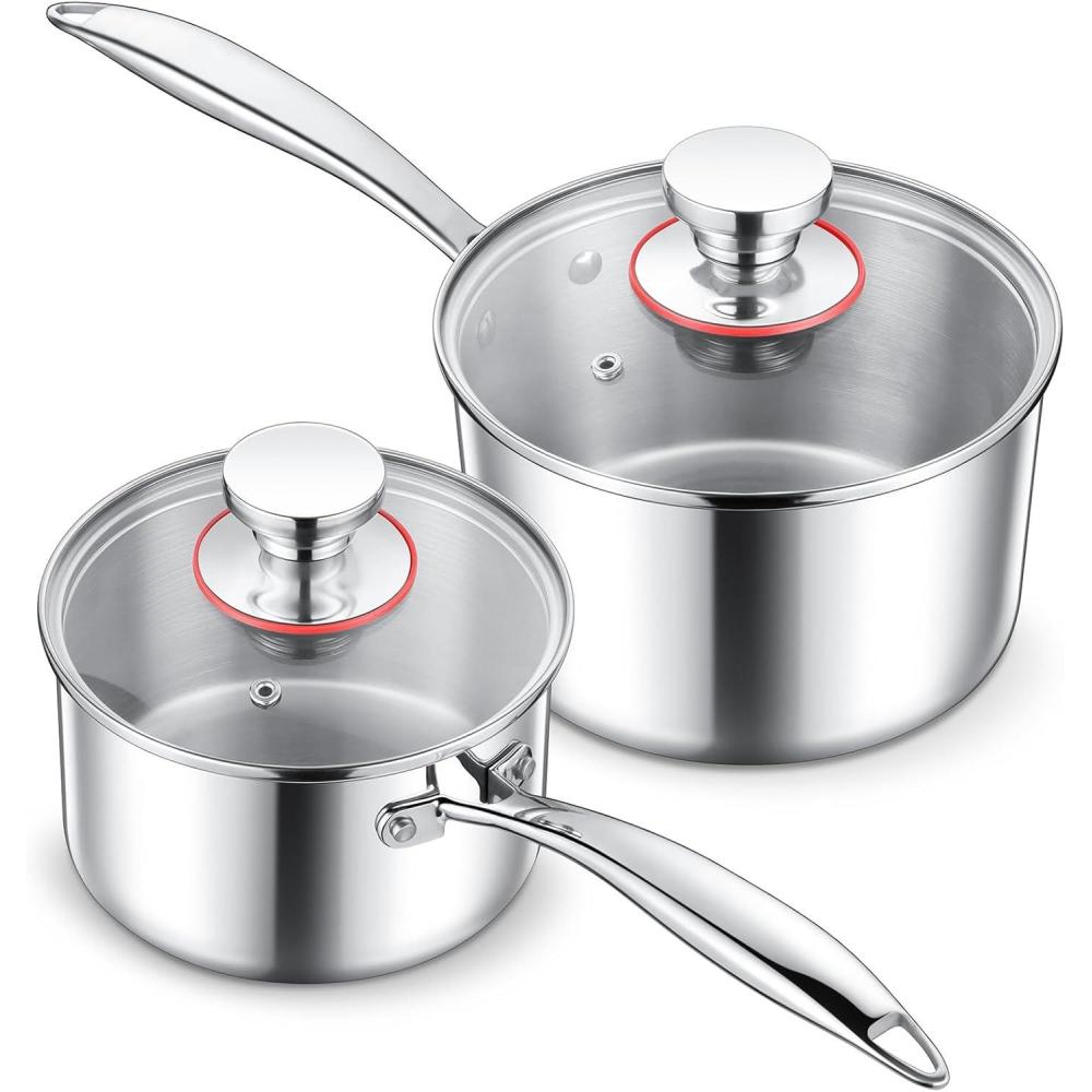 E-far Stainless Steel Saucepan Set – 1Qt & 2 Qt, Triply Sauce Pan Pot with Lid for Cooking Pasta Warming Milk Boiling Water, Small Metal Cookware for Kitchen, Induction Ready & Heavy Duty(1QT & 2QT)