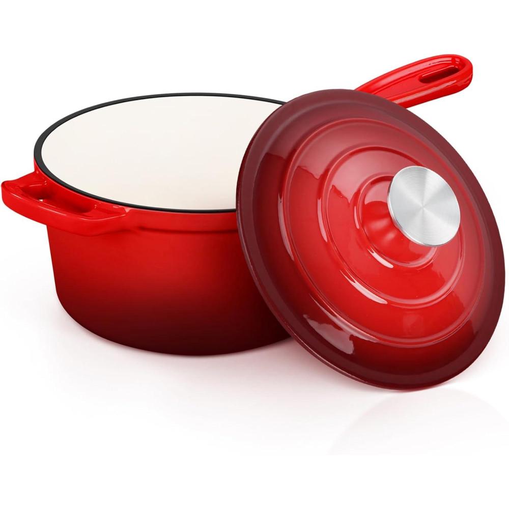 E-far Sauce Pan Set with Lid, 1Qt & 2Qt Enameled Cast Iron Pot Sets for Kitchen Cooking, Small Heavy Duty Dutch Oven Saucepans & Self-basting Lids, Induction-Ready & Easy Clean, White(Red)
