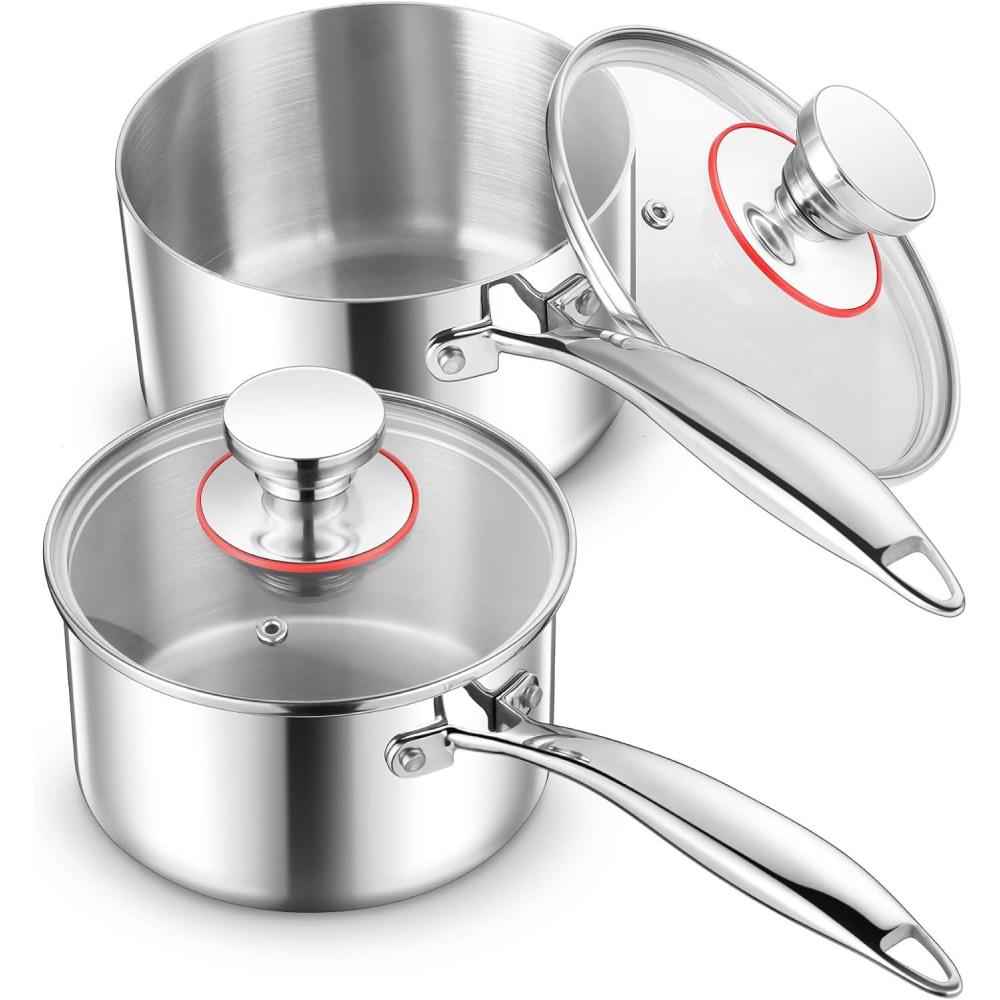 E-far Stainless Steel Saucepan Set – 1Qt & 2 Qt, Triply Sauce Pan Pot with Lid for Cooking Pasta Warming Milk Boiling Water, Small Metal Cookware for Kitchen, Induction Ready & Heavy Duty(2QT & 3QT)