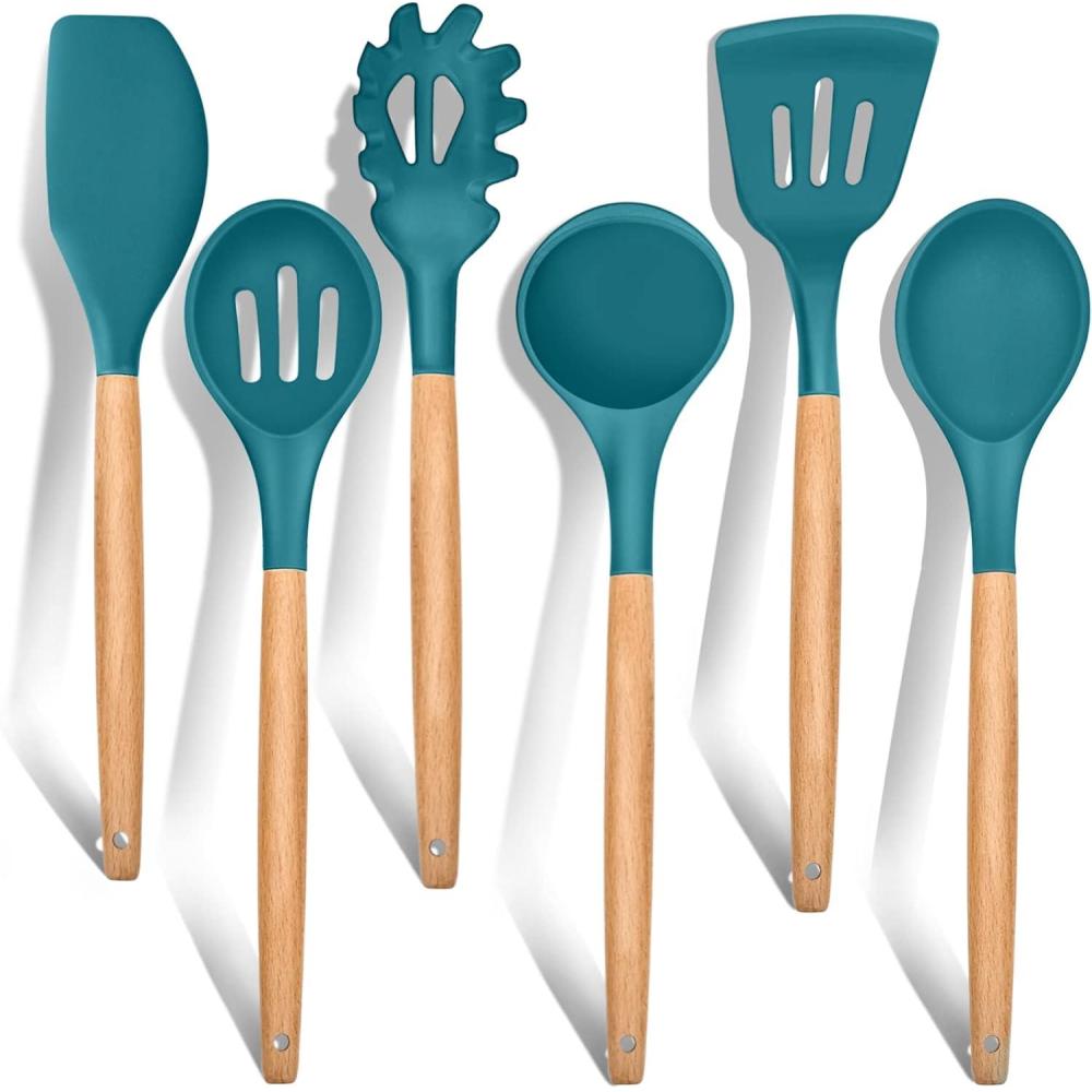 E-far Cooking Utensils Set of 6, Silicone Kitchen Utensils with Wooden Handle, Non-stick Cookware Friendly & Heat Resistant, Includes Spatula/Ladle/Slotted Turner/Serving Spoon/Spaghetti Server(Gray)(Teal Blue)