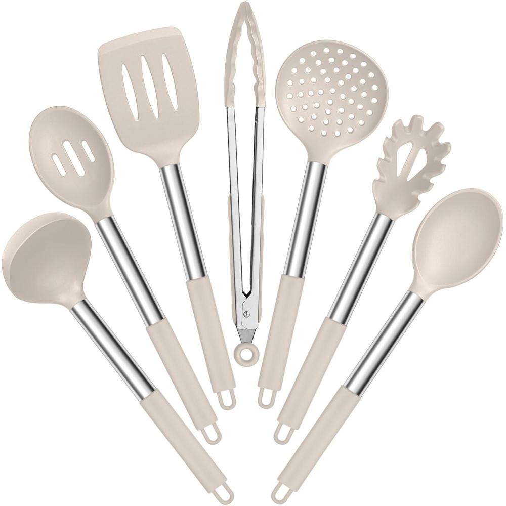 E-far Silicone Cooking Utensils Set, 7 Pcs Heat Resistant Kitchen Utensils with Stainless Steel Handle, Slotted Turner, Spoon, Soup Ladle, Pasta Server, Skimmer, Tongs for Nonstick Cookware, Black(Khaki)