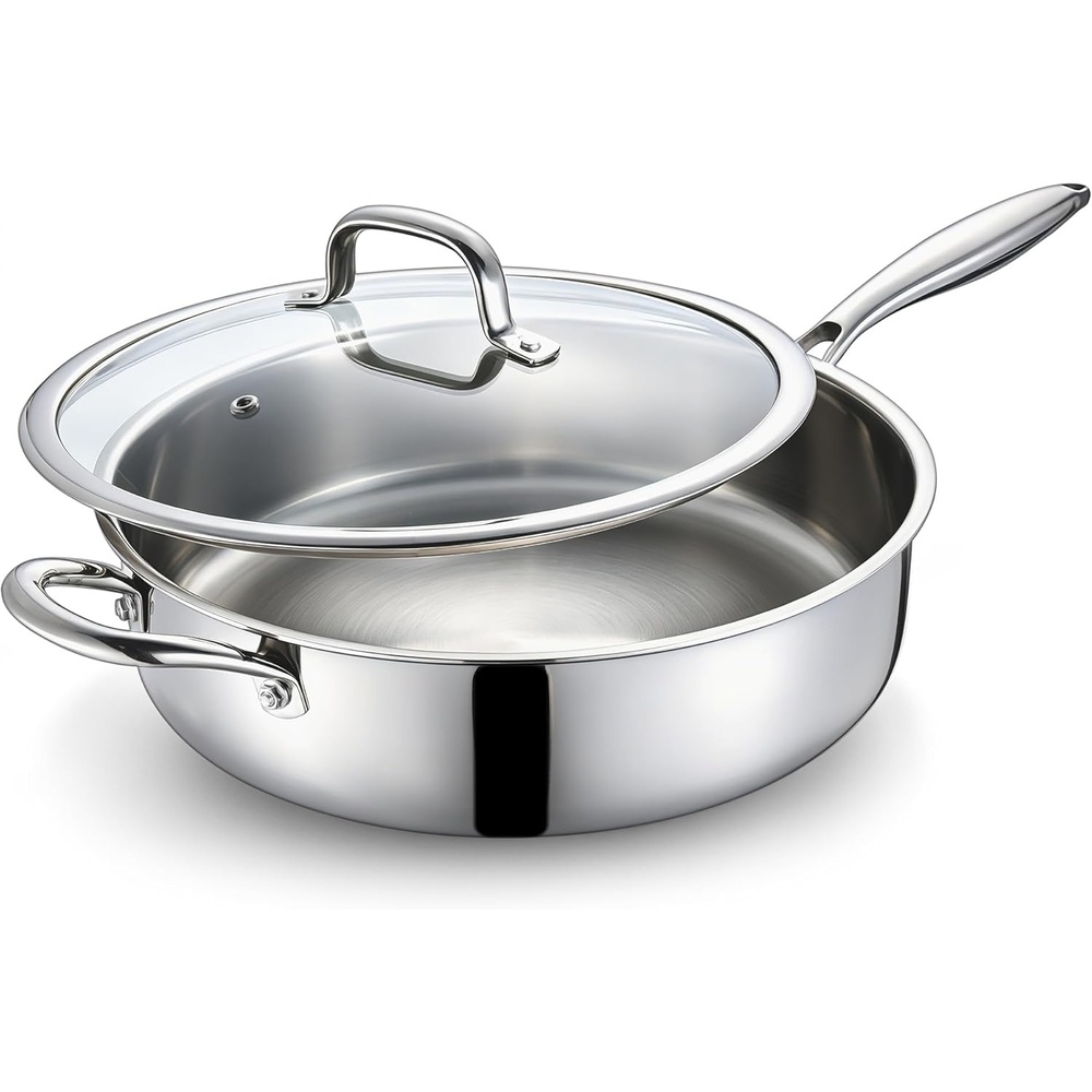 E-far Saute Pan with Lid, 12 Inch 6QT Tri-Ply Stainless Steel Deep Frying Pan, Braiser Pan & Chef Skillet, Non-toxic Cooking Pan for Induction Ceramic Gas Stoves, Heavy Duty, Oven & Dishwasher Safe(12 Inch / 5 QT)