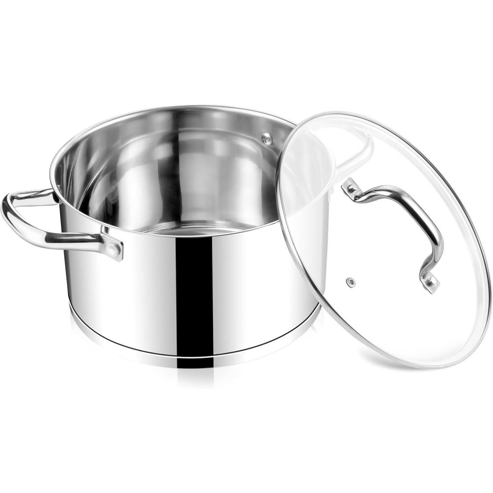 E-far 24-Quart Large Stock Pot, Stainless Steel Stockpot with Lid for Boiling Cooking Soup Stew Canning, Heavy Duty Tri-Ply Bottom Works w/Induction, Commercial Grade & Dishwasher Safe(6 Quarts)