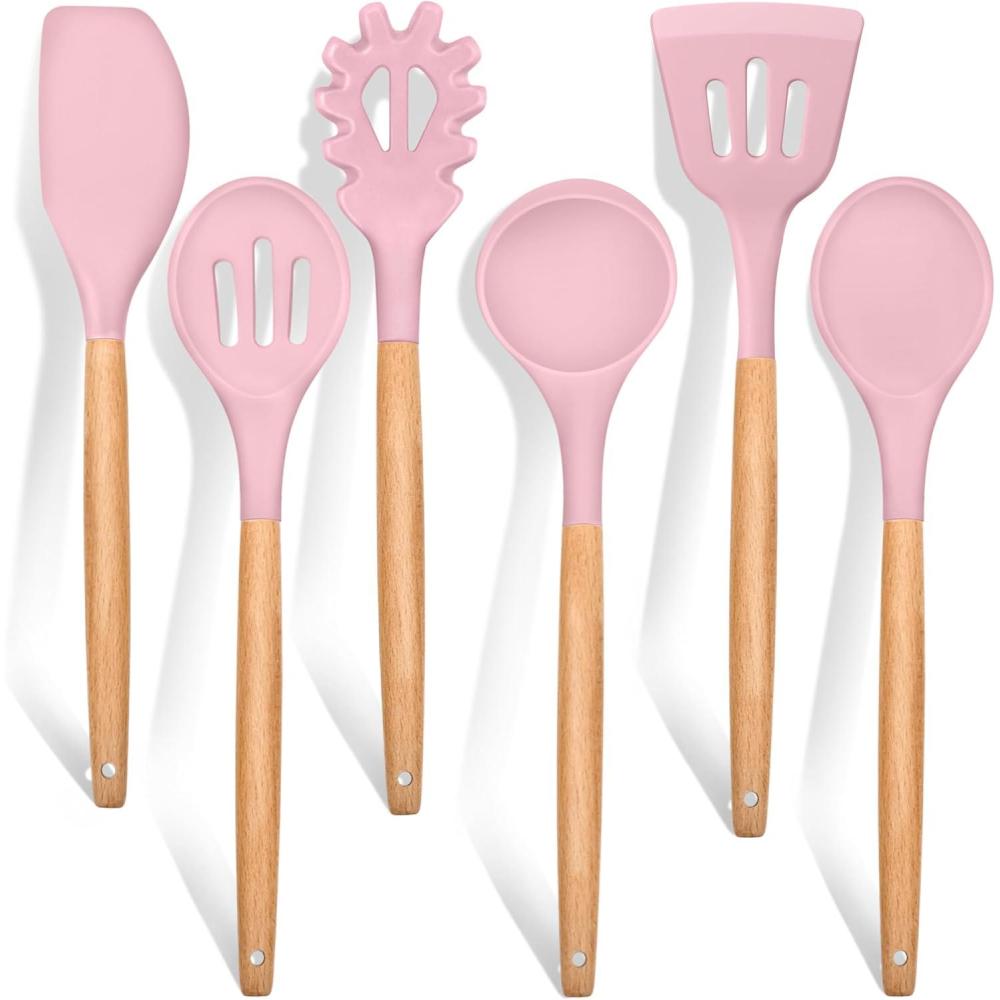 E-far Cooking Utensils Set of 6, Silicone Kitchen Utensils with Wooden Handle, Non-stick Cookware Friendly & Heat Resistant, Includes Spatula/Ladle/Slotted Turner/Serving Spoon/Spaghetti Server(Gray)(Pink)