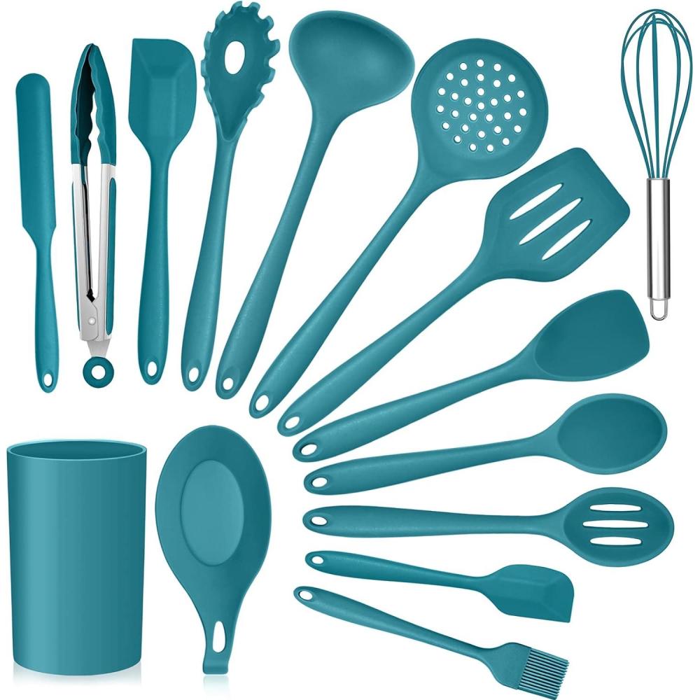 Teal Blue Kitchen Utensils Set, E-far 15-Piece Silicone Cooking Utensils with Holder, Non-stick Cookware Friendly & Heat Resistant, Includes Ladle Spatula Spoon Slotted Turner for Cooking & Baking(Teal Blue)