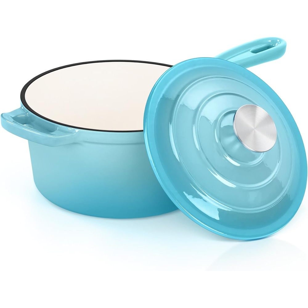 E-far 1Qt & 2Qt Enameled Cast Iron Sauce Pan Set with Self-basting Lids | Small Heavy Duty Dutch Oven Pot for All Kitchen Stove, Induction-Ready & Easy Clean, Pink(Light Blue)