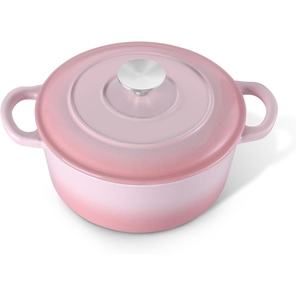 E-far 6 Quart Enameled Cast Iron Dutch Oven with Lid, Round Dutch Oven Pot Nonstick Cookware for Braising, Stews, Roasting, Bread Baking, Cooking, Heavy Duty, Induction & Oven Safe – Blue(Pink)