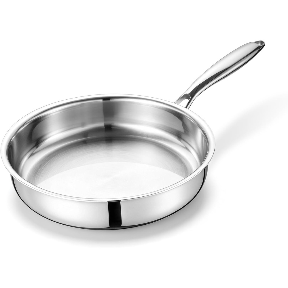 E-far 8 Inch Frying Pan, Small Tri-Ply Stainless Steel Skillet for Cooking Searing Sauting, Heavy-Duty & Non-Toxic Cookware for Kitchen, Induction Compatible, Oven & Dishwasher Safe(10 Inch)