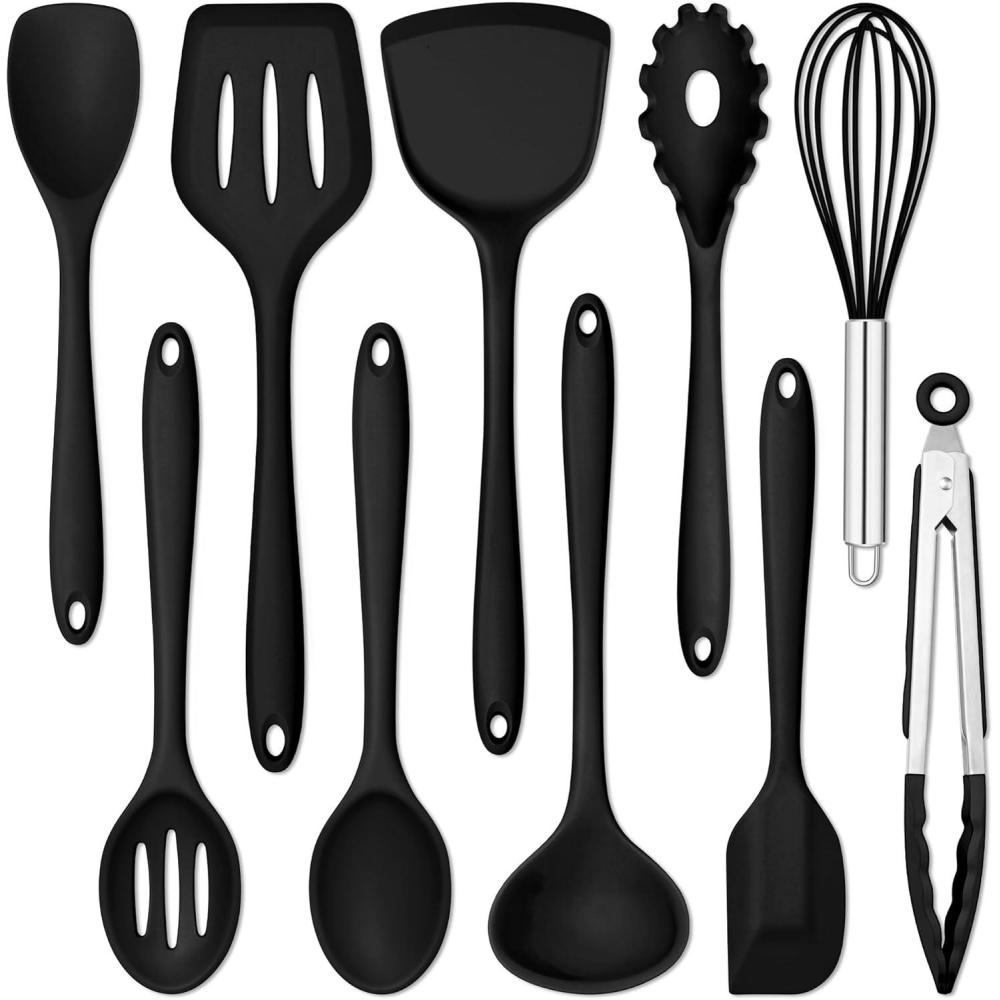 E-far Silicone Cooking Utensils Set, 24Pcs Heat Resistant Kitchen Utensil with Holder, Silicone Kitchen Tools with Spatula Turner Spoon Tongs Whisk, Non-Toxic & Dishwasher Safe (Black)(Black)