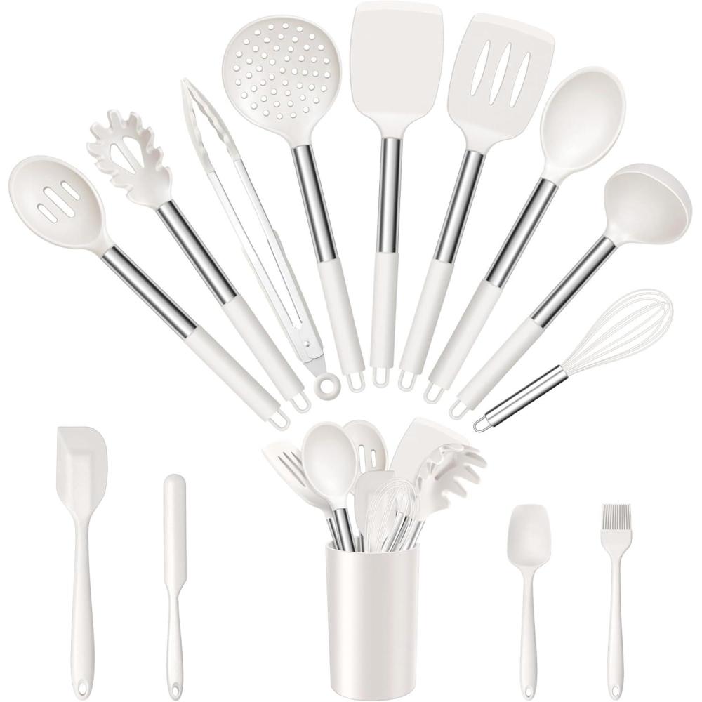 E-far 14 Pieces Silicone Cooking Utensils Set, Kitchen Utensils Set with Holder, Spatula, Ladle, Spoon, Tong, Slotted Turner for Nonstick Cookware, Heat Resistant & Stainless Steel Handle, Black(Cream White)