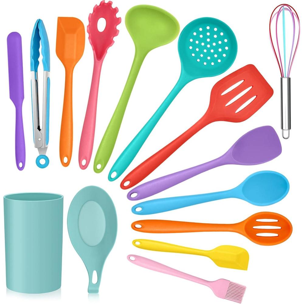Teal Blue Kitchen Utensils Set, E-far 15-Piece Silicone Cooking Utensils with Holder, Non-stick Cookware Friendly & Heat Resistant, Includes Ladle Spatula Spoon Slotted Turner for Cooking & Baking(Colorful)