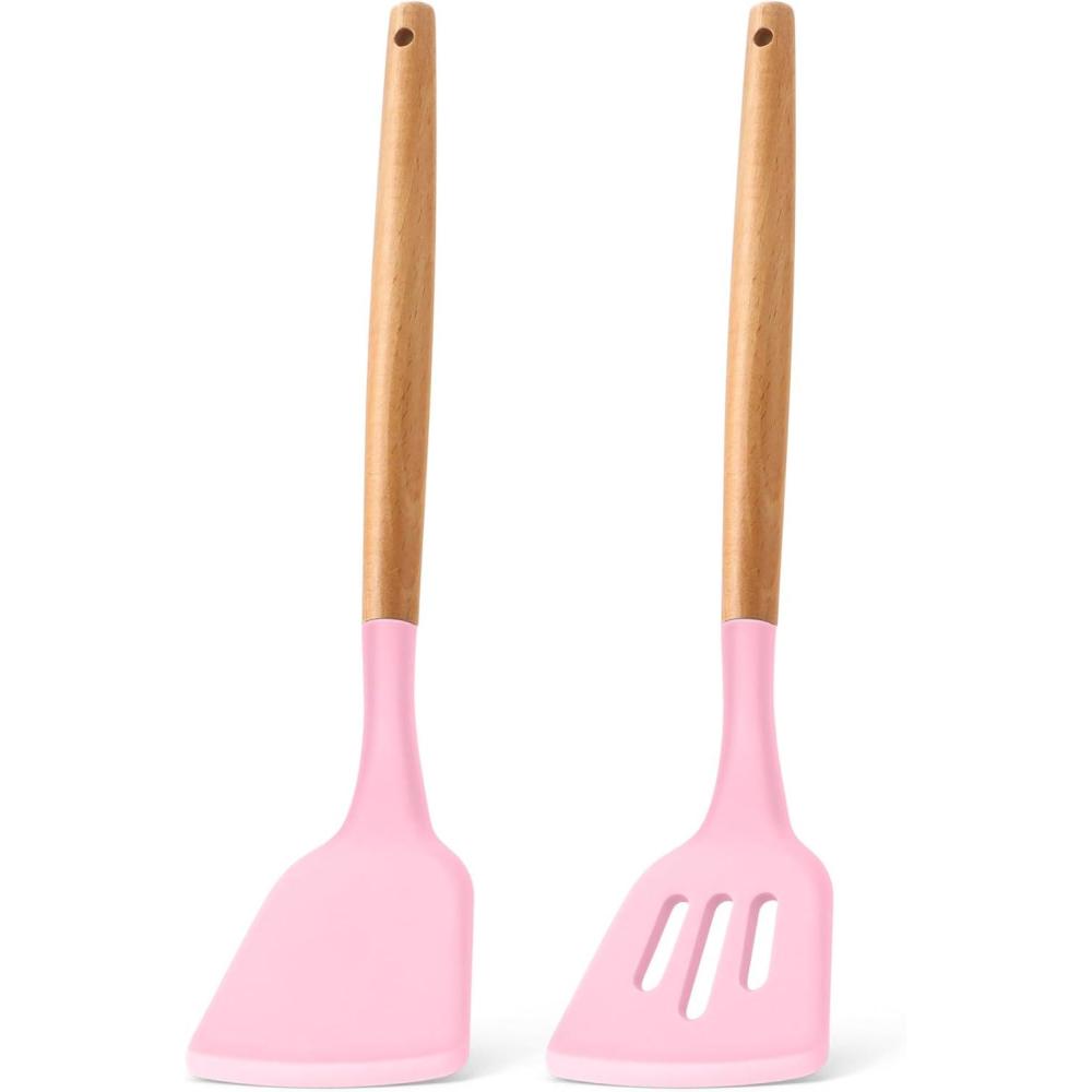E-far Silicone Spatula Turner, 2 Pack Heat Resistant Kitchen Spatulas for Nonstick Cookware, Rubber Solid Slotted Spatula Cooking Utensils for Fish, Eggs, Pancakes (Black)(Pink)