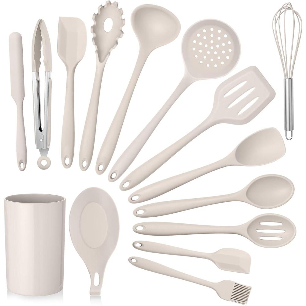 Kitchen Utensils Set, E-far 15-Piece Silicone Cooking Utensils with Holder, Non-stick Cookware Friendly & Heat Resistant, Includes Ladle Spatula Spoon Slotted Turner for Cooking & Baking (Black)(Khaki)