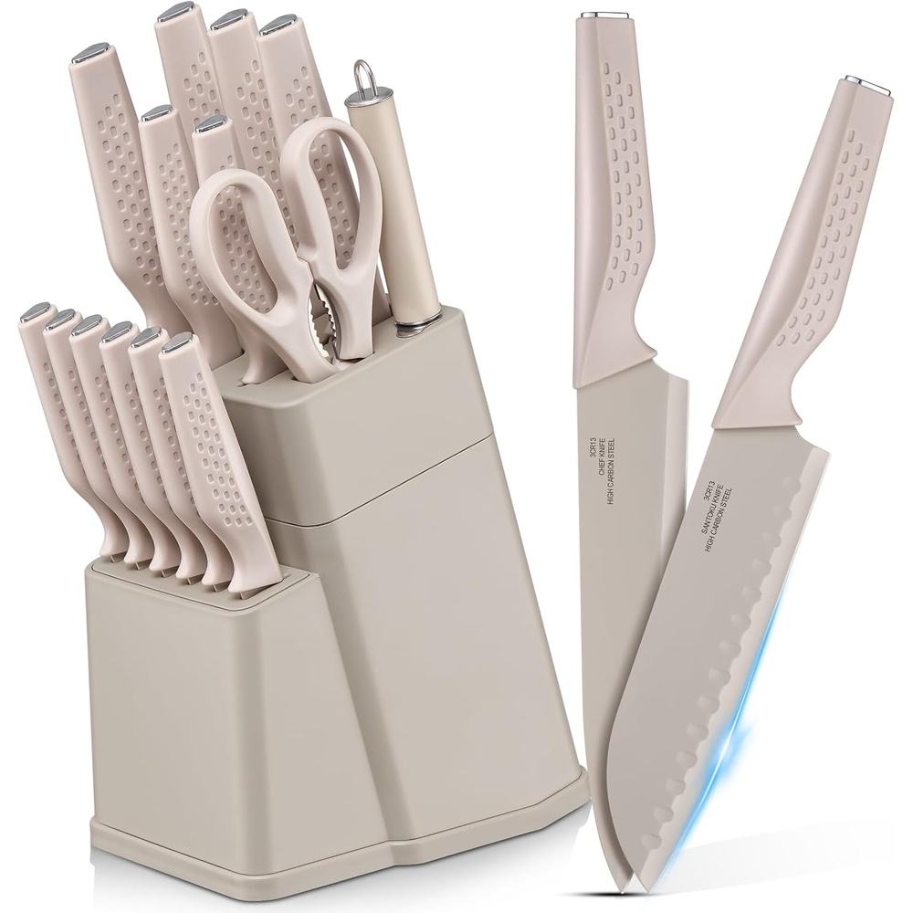 E-far Knife Set, 15-Piece Kitchen Knife Block Set with Sharpener, High Carbon Steel Chef Paring Steak Knives with Ergonomic Non-Slip Handle, Anti-Rust & Razor Sharp, Black(Khaki)