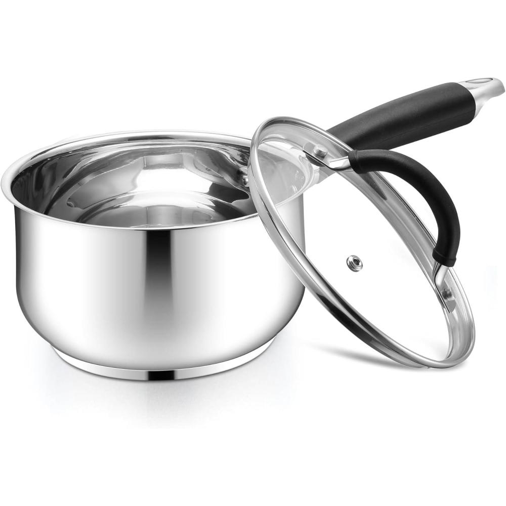 E-far 1 Quart Sauce Pan with Lid, Tri-Ply Base Stainless Steel Small Saucepan with Stay-Cool Handle, Non-toxic Kitchen Cooking Sauce Pot, Compatible with All Cooktops, Dishwasher Safe(2 Quart)