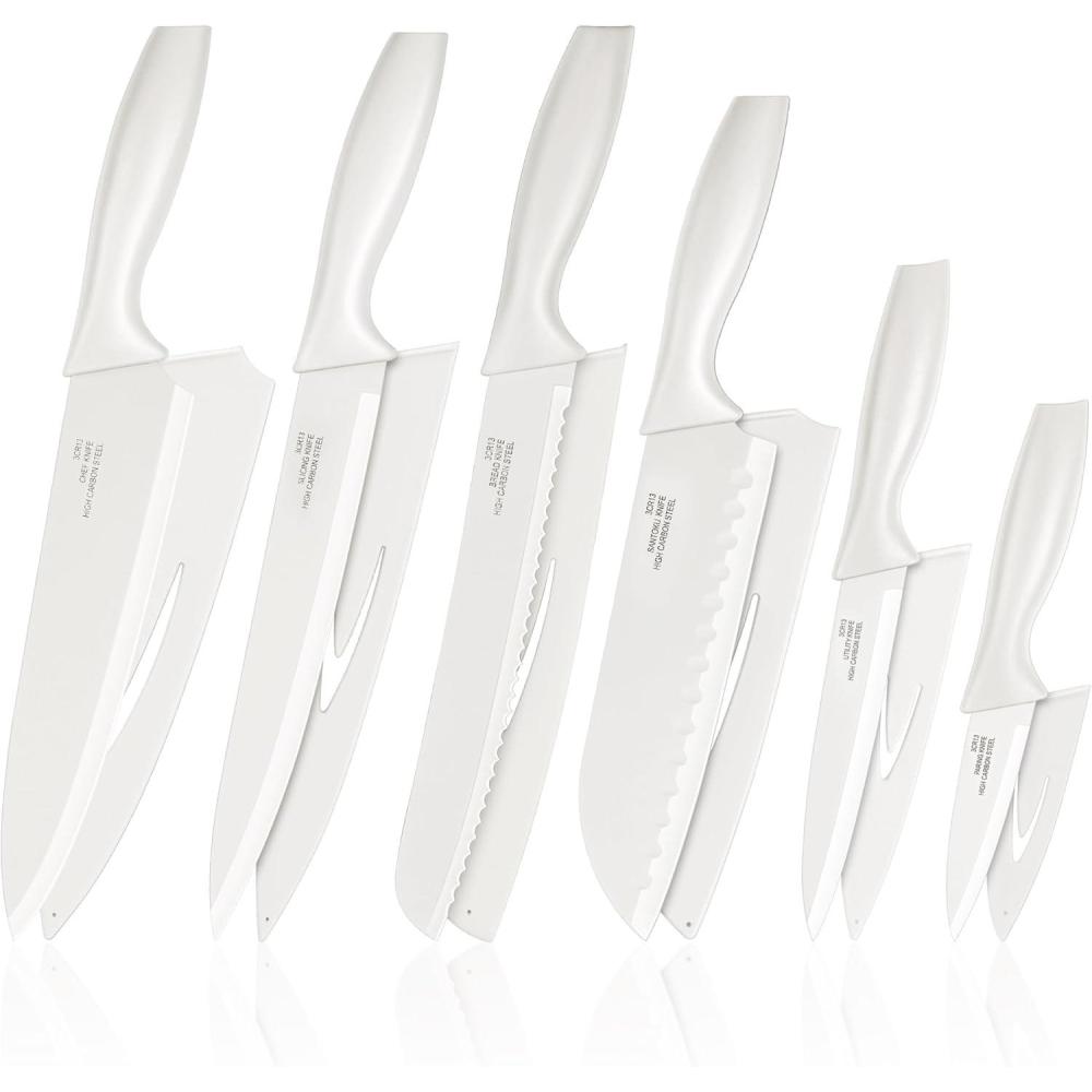 E-far 12-Piece Kitchen Knife Set, Stainless Steel Chef Knives Set with 6 Blade Guards, Sharp Kitchen Cooking Knife with Ergonomic Handle, Anti-Rust & Easy to Clean (Cream)(Cream)