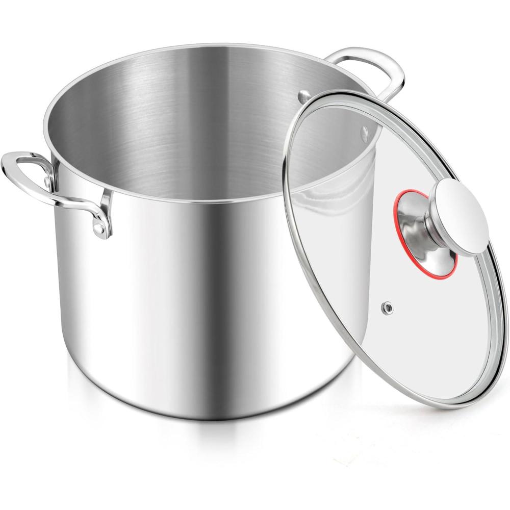 E-far 12-Quart Stock Pot, 18/10 Stainless Steel Stockpot with Lid for Cooking Simmering Soup Stew, Heavy Duty Cookware Works w/Induction, Non-toxic & Corrosion Resistant, Dishwasher Safe(10 Quarts)