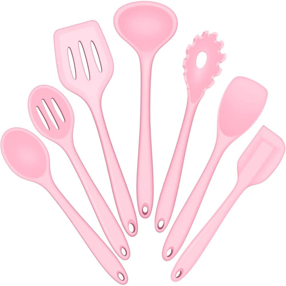 E-far Silicone Cooking Utensils Set, 7-Piece Black Heat Resistant Kitchen Utensils Set, Kitchen Nonstick Tools Spatula Ladle Spoon Pasta Server for Non-stick Cookware, Non-Toxic & Dishwasher safe(Pink)