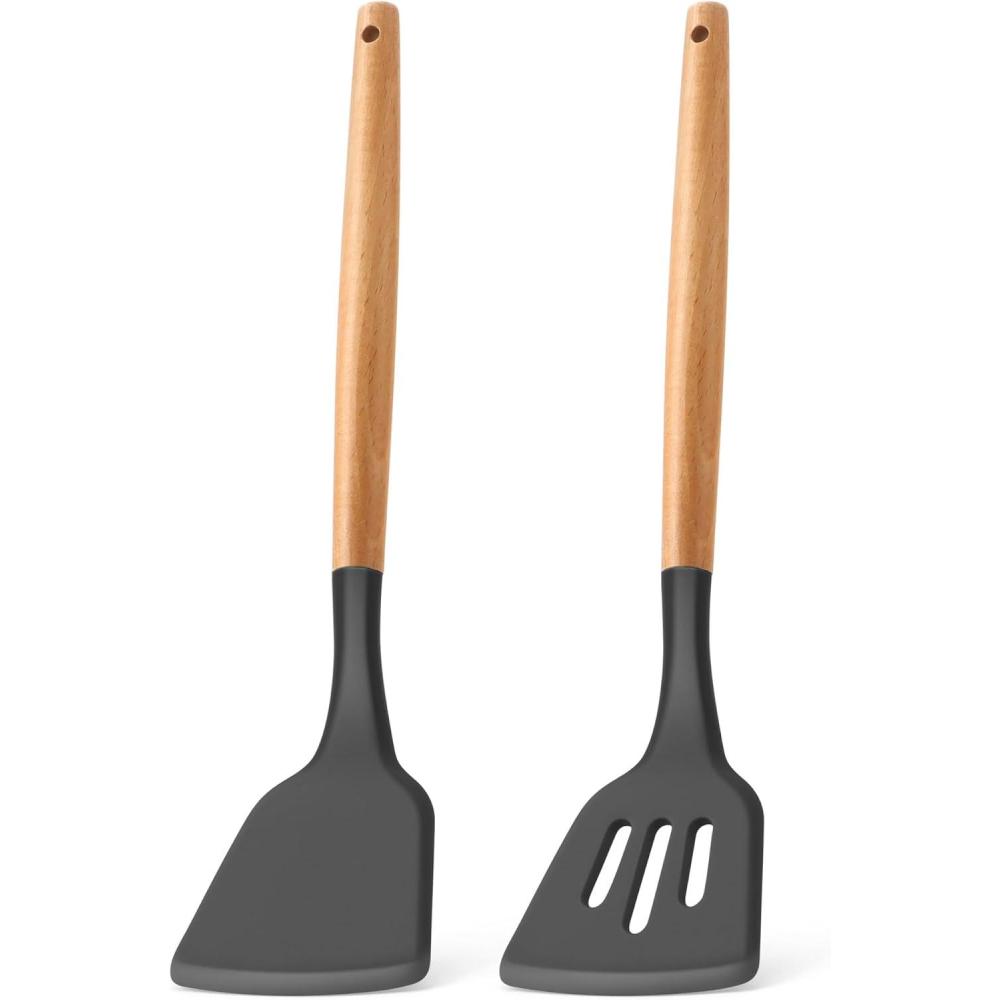 E-far Silicone Spatula Turner, 2 Pack Heat Resistant Kitchen Spatulas for Nonstick Cookware, Rubber Solid Slotted Spatula Cooking Utensils for Fish, Eggs, Pancakes (Black)(Gray)