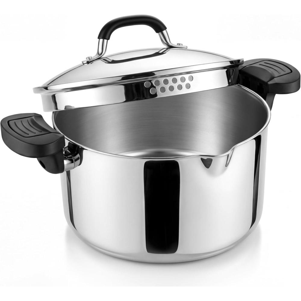 E-far Pasta Pot with Strainer Lid, 6 Quart Tri-Ply Stainless Steel Stock Pot & Push and Lock Handles, Non-toxic Multipurpose Cooking Pot for All Cooktops, Heavy Duty & Dishwasher Safe