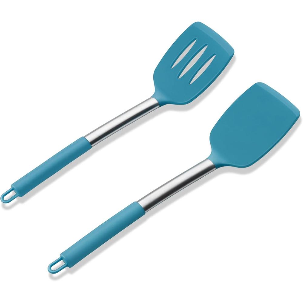 E-far Silicone Spatula Set of 2, Solid & Slotted Turner for Nonstick Cookware, Heat Resistant Rubber Kitchen Cooking Utensils for Flipping Fish Pancake Egg – Black(Teal Blue)