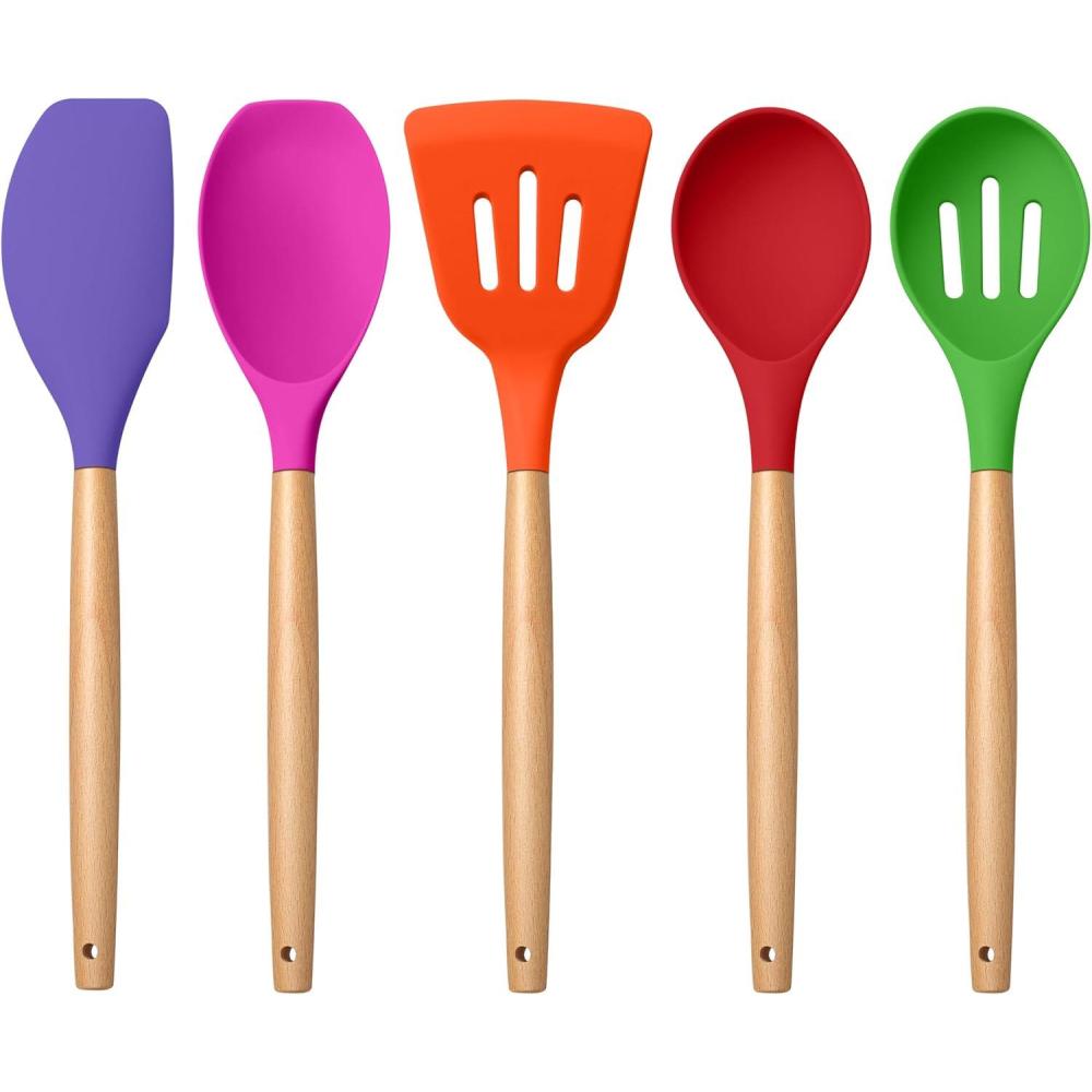E-far Silicone Cooking Utensils Set, 10-Piece Heat Resistant Kitchen Utensils Set with Wooden Handle for Nonstick Cookware, Kitchen Nonstick Tools Spatula Whisk Tongs Ladle, Non-toxic & Healthy(Khaki)(Multicolor)