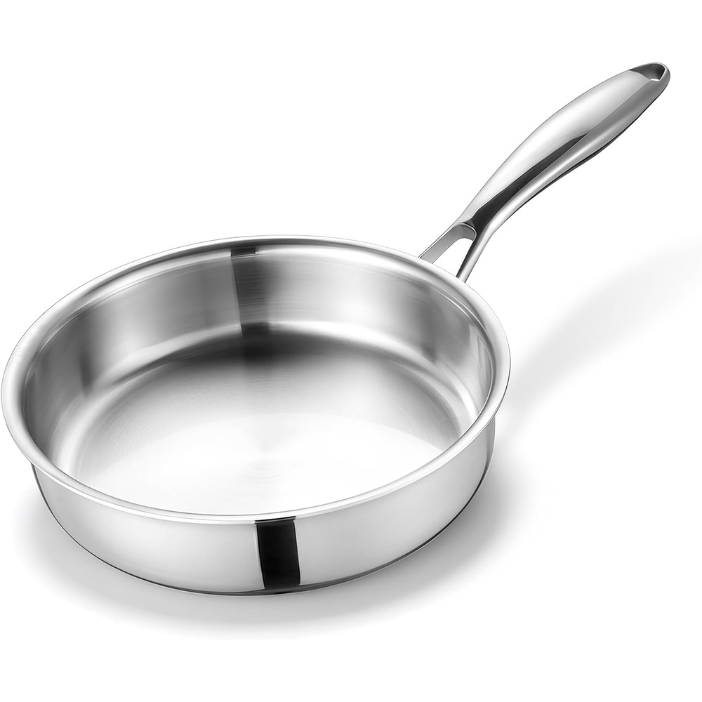 E-far 8 Inch Frying Pan, Small Tri-Ply Stainless Steel Skillet for Cooking Searing Sauting, Heavy-Duty & Non-Toxic Cookware for Kitchen, Induction Compatible, Oven & Dishwasher Safe(8 Inch)