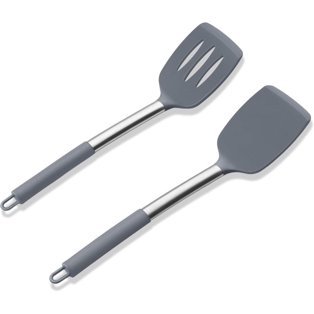 E-far Silicone Spatula Set of 2, Solid & Slotted Turner for Nonstick Cookware, Heat Resistant Rubber Kitchen Cooking Utensils for Flipping Fish Pancake Egg – Black(Gray)