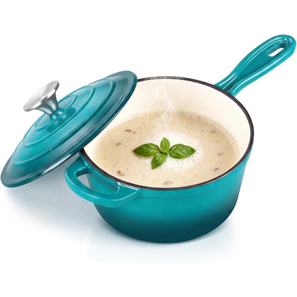 E-far Enameled Cast Iron Sauce Pan with Lid, 1 Quart Dutch Oven Cooking Pot(Peacock Green)