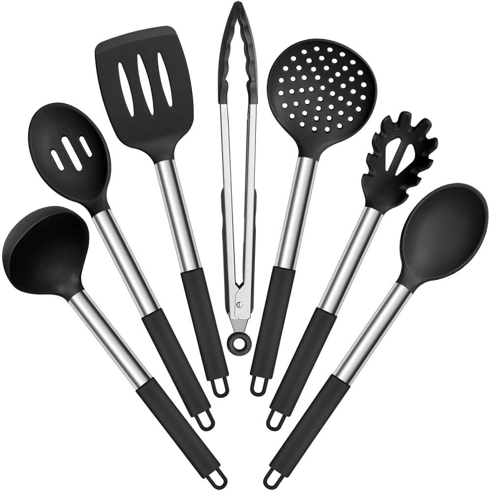 E-far Silicone Cooking Utensils Set, 7 Pcs Heat Resistant Kitchen Utensils with Stainless Steel Handle, Slotted Turner, Spoon, Soup Ladle, Pasta Server, Skimmer, Tongs for Nonstick Cookware, Black(Black)