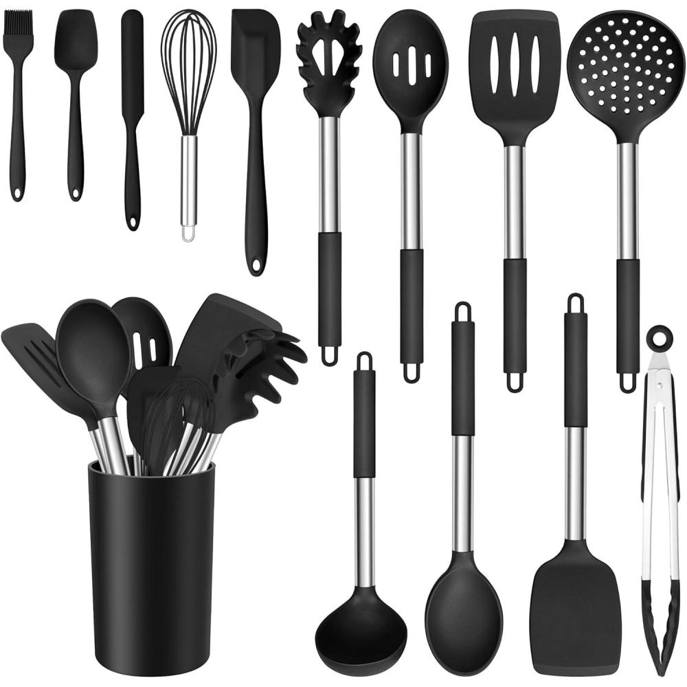 E-far 14 Pieces Silicone Cooking Utensils Set, Kitchen Utensils Set with Holder, Spatula, Ladle, Spoon, Tong, Slotted Turner for Nonstick Cookware, Heat Resistant & Stainless Steel Handle, Black(Black)