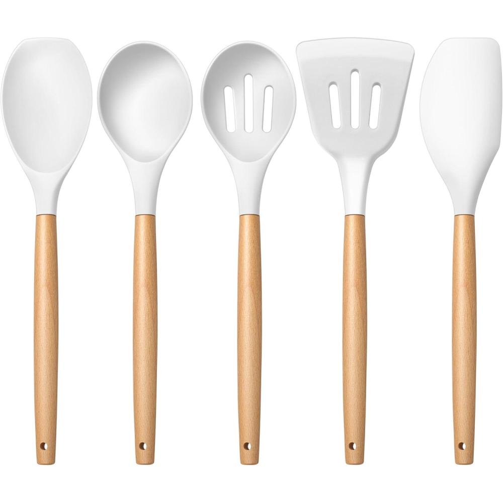 E-far Silicone Cooking Utensils Set, 10-Piece Heat Resistant Kitchen Utensils Set with Wooden Handle for Nonstick Cookware, Kitchen Nonstick Tools Spatula Whisk Tongs Ladle, Non-toxic & Healthy(Khaki)(White)