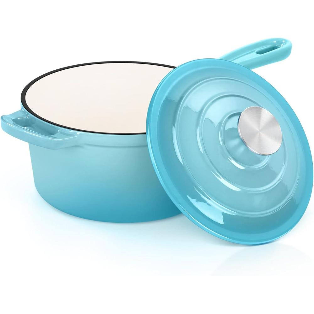 E-far Sauce Pan Set with Lid, 1Qt & 2Qt Enameled Cast Iron Pot Sets for Kitchen Cooking, Small Heavy Duty Dutch Oven Saucepans & Self-basting Lids, Induction-Ready & Easy Clean, White(Light Blue)