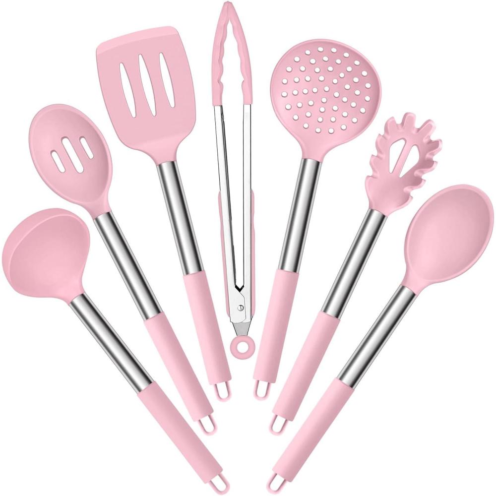 E-far Silicone Cooking Utensils Set, 7 Pcs Heat Resistant Kitchen Utensils with Stainless Steel Handle, Slotted Turner, Spoon, Soup Ladle, Pasta Server, Skimmer, Tongs for Nonstick Cookware, Black(Pink)