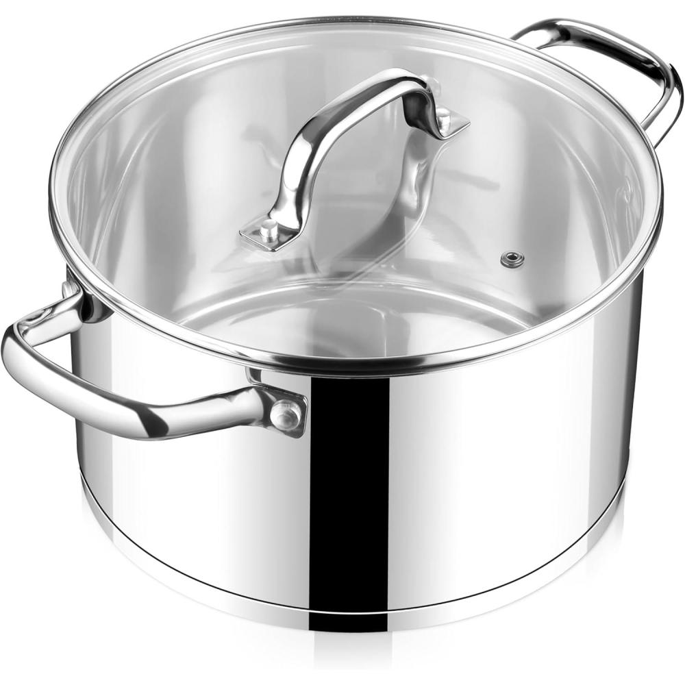 E-far 24-Quart Large Stock Pot, Stainless Steel Stockpot with Lid for Boiling Cooking Soup Stew Canning, Heavy Duty Tri-Ply Bottom Works w/Induction, Commercial Grade & Dishwasher Safe(4 Quarts)