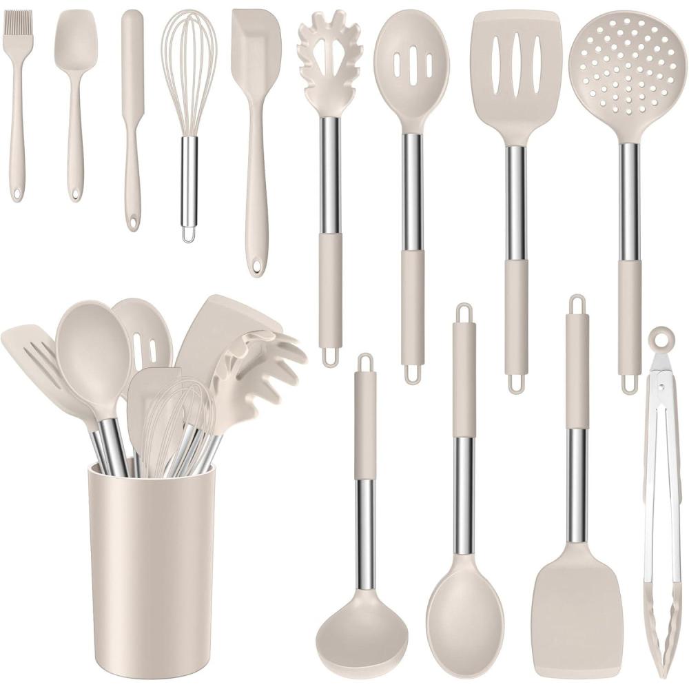 E-far 14 Pieces Silicone Cooking Utensils Set, Kitchen Utensils Set with Holder, Spatula, Ladle, Spoon, Tong, Slotted Turner for Nonstick Cookware, 446°F Heat Resistant & Stainless Steel Handle, Blue(Khaki)