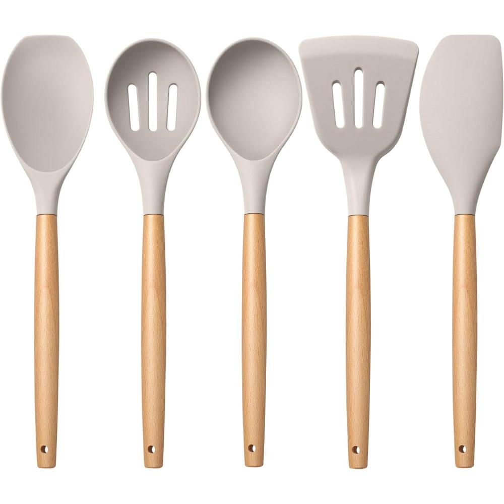 E-far Silicone Cooking Utensils Set, 10-Piece Heat Resistant Kitchen Utensils Set with Wooden Handle for Nonstick Cookware, Kitchen Nonstick Tools Spatula Whisk Tongs Ladle, Non-toxic & Healthy(Khaki)(Khaki)