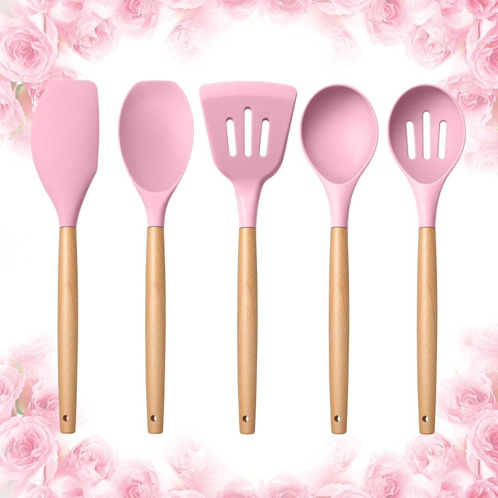 E-far Silicone Cooking Utensils Set, 10-Piece Heat Resistant Kitchen Utensils Set with Wooden Handle for Nonstick Cookware, Kitchen Nonstick Tools Spatula Whisk Tongs Ladle, Non-toxic & Healthy(Khaki)(Pink)