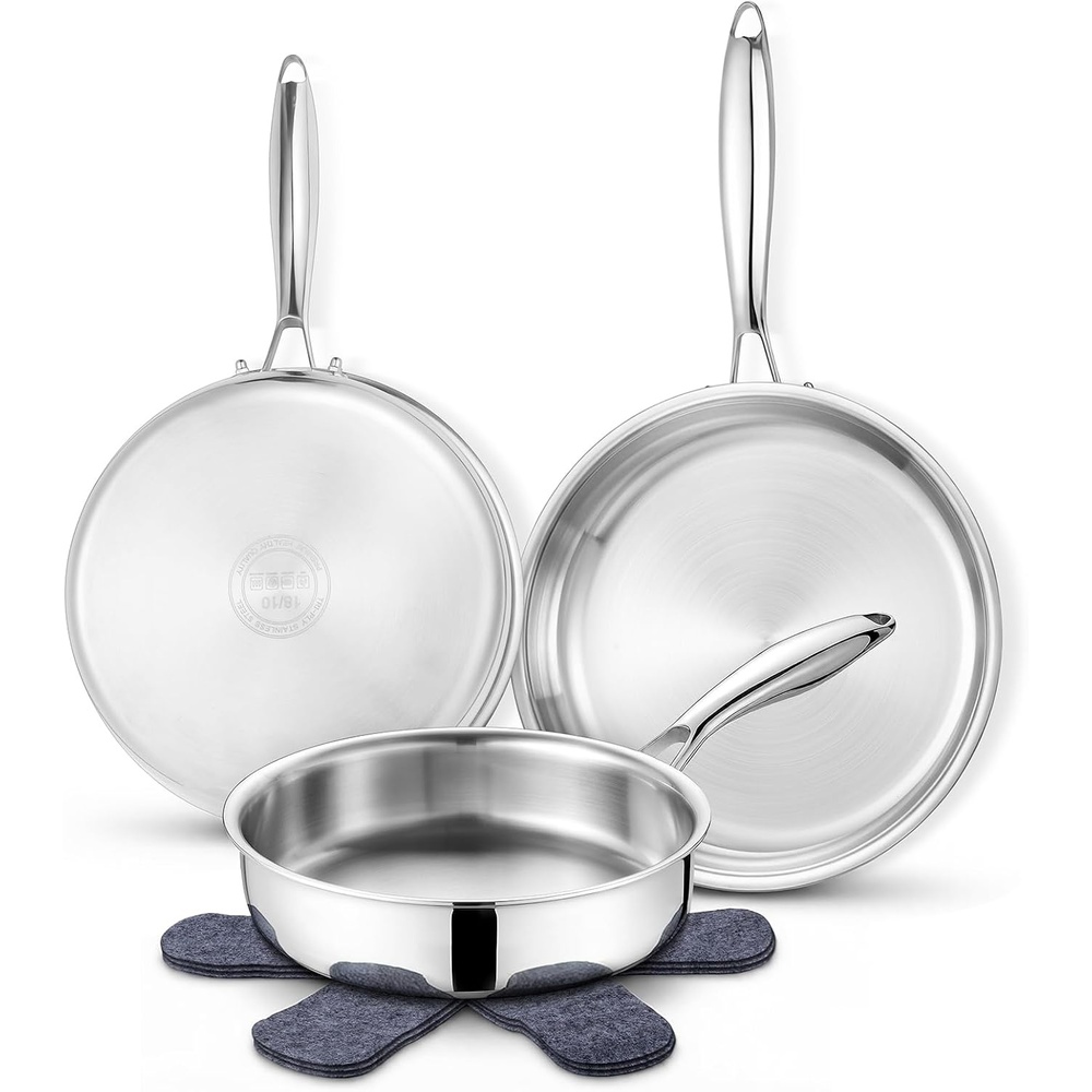 E-far 8 Inch Frying Pan, Small Tri-Ply Stainless Steel Skillet for Cooking Searing Sauting, Heavy-Duty & Non-Toxic Cookware for Kitchen, Induction Compatible, Oven & Dishwasher Safe(8&10&12 Inch)