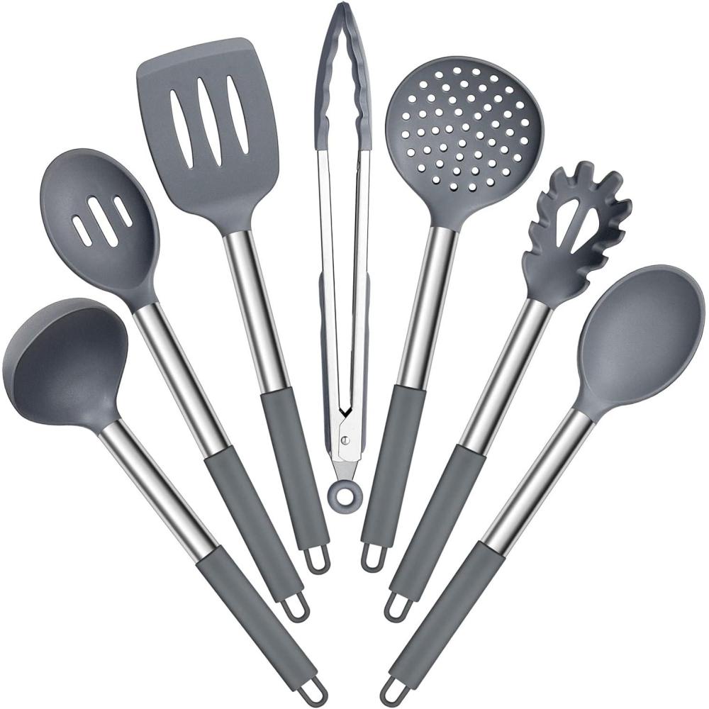 E-far Silicone Cooking Utensils Set, 7 Pcs Heat Resistant Kitchen Utensils with Stainless Steel Handle, Slotted Turner, Spoon, Soup Ladle, Pasta Server, Skimmer, Tongs for Nonstick Cookware, Black(Gray)