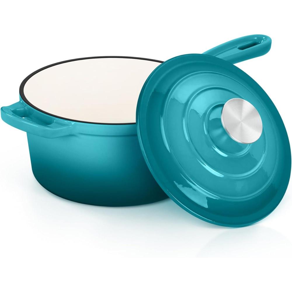 E-far Sauce Pan Set with Lid, 1Qt & 2Qt Enameled Cast Iron Pot Sets for Kitchen Cooking, Small Heavy Duty Dutch Oven Saucepans & Self-basting Lids, Induction-Ready & Easy Clean, White(Peacock Green)