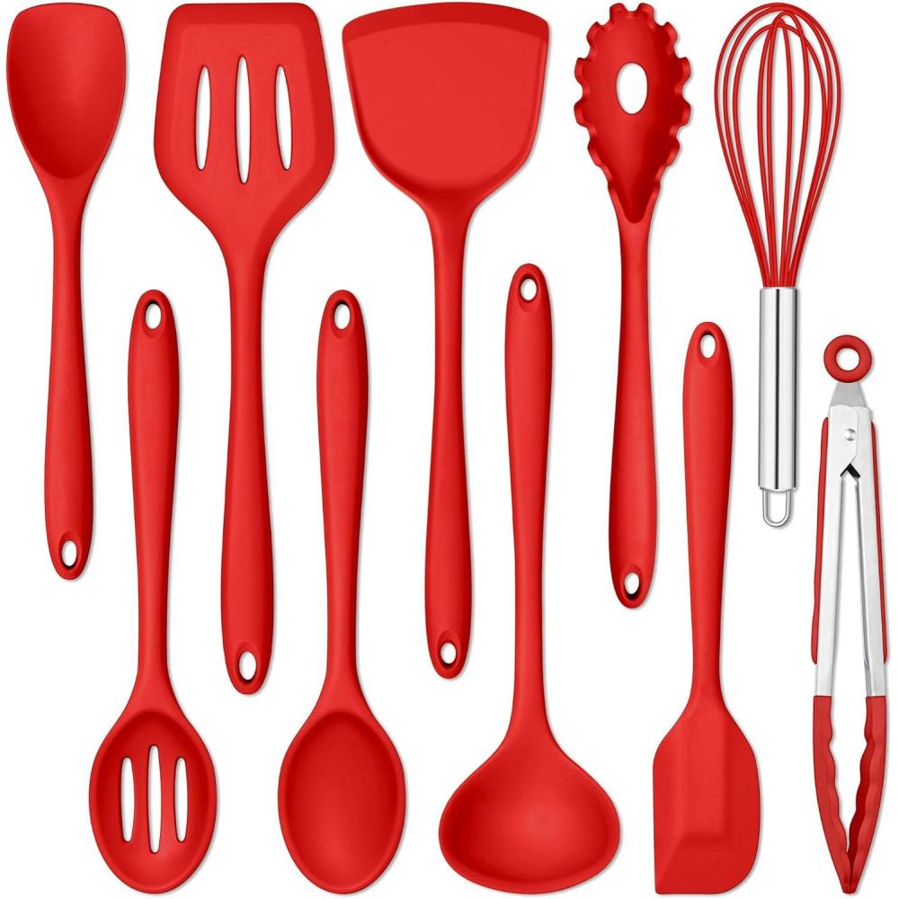E-far Silicone Cooking Utensils Set, 24Pcs Heat Resistant Kitchen Utensil with Holder, Silicone Kitchen Tools with Spatula Turner Spoon Tongs Whisk, Non-Toxic & Dishwasher Safe (Black)(Red)