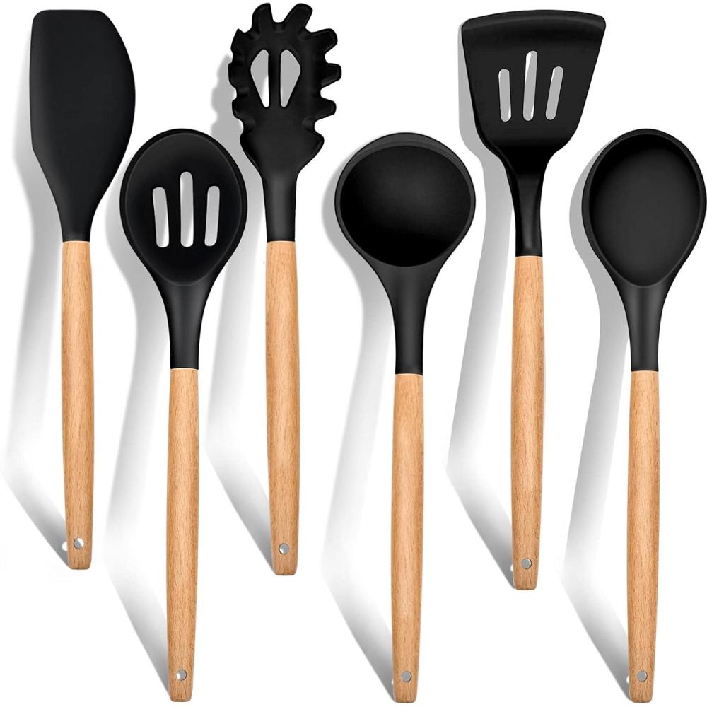 E-far Cooking Utensils Set of 6, Silicone Kitchen Utensils with Wooden Handle, Non-stick Cookware Friendly & Heat Resistant, Includes Spatula/Ladle/Slotted Turner/Serving Spoon/Spaghetti Server(Gray)(Black)