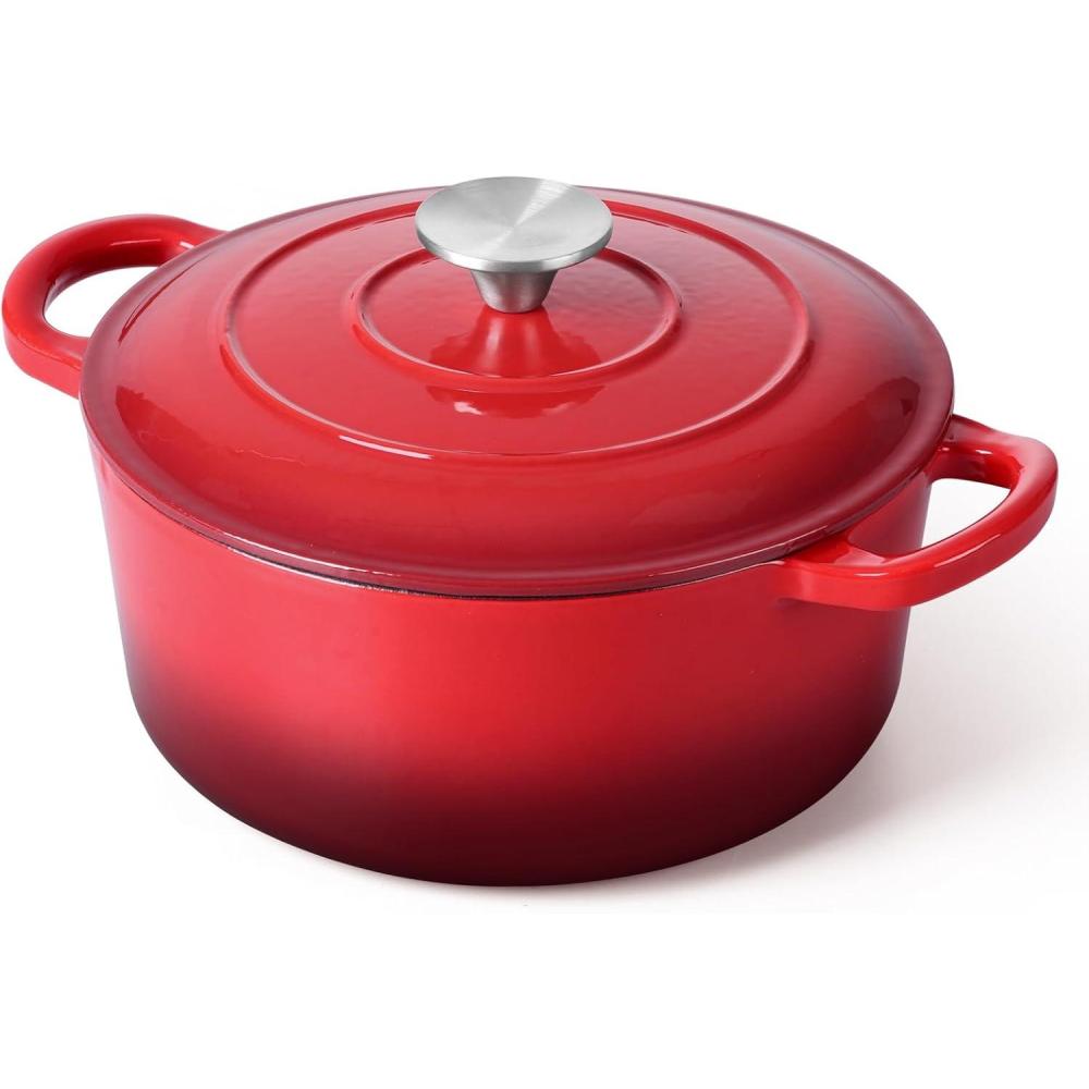 E-far 6 Quart Enameled Cast Iron Dutch Oven with Lid, Round Dutch Oven Pot Nonstick Cookware for Braising, Stews, Roasting, Bread Baking, Cooking, Heavy Duty, Induction & Oven Safe – Blue(Red)
