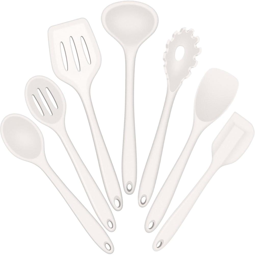 E-far Silicone Cooking Utensils Set, 7-Piece Black Heat Resistant Kitchen Utensils Set, Kitchen Nonstick Tools Spatula Ladle Spoon Pasta Server for Non-stick Cookware, Non-Toxic & Dishwasher safe(White)
