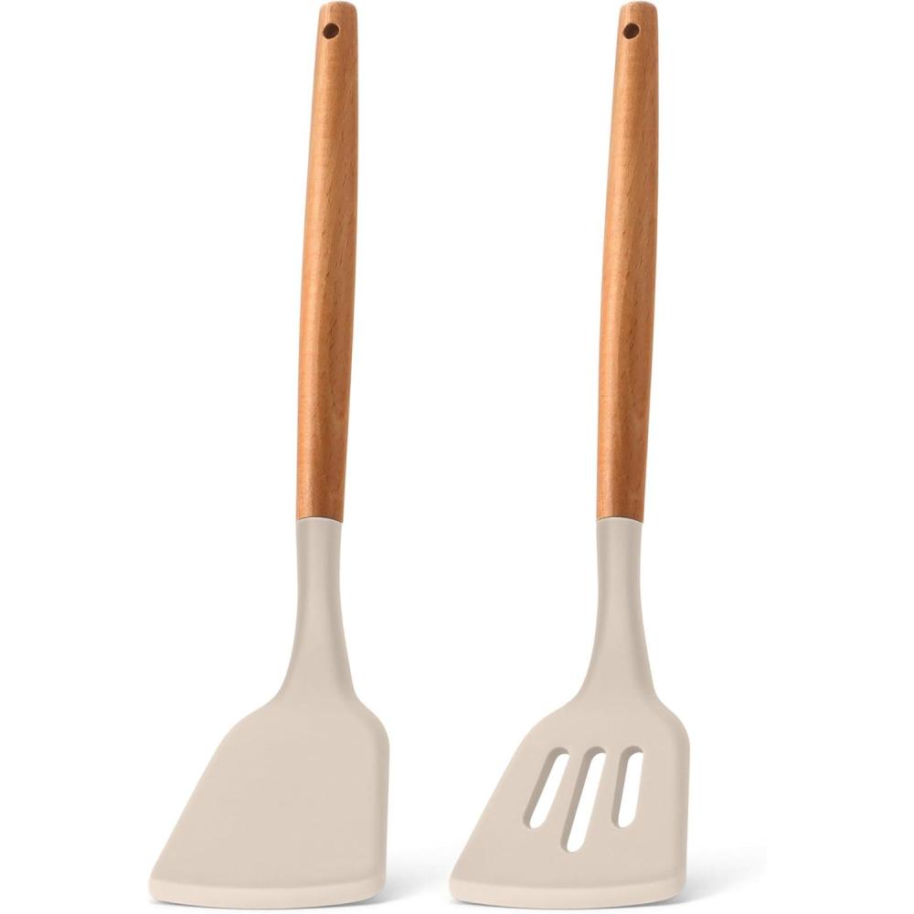 E-far Silicone Spatula Turner, 2 Pack Heat Resistant Kitchen Spatulas for Nonstick Cookware, Rubber Solid Slotted Spatula Cooking Utensils for Fish, Eggs, Pancakes (Black)(Khaki)