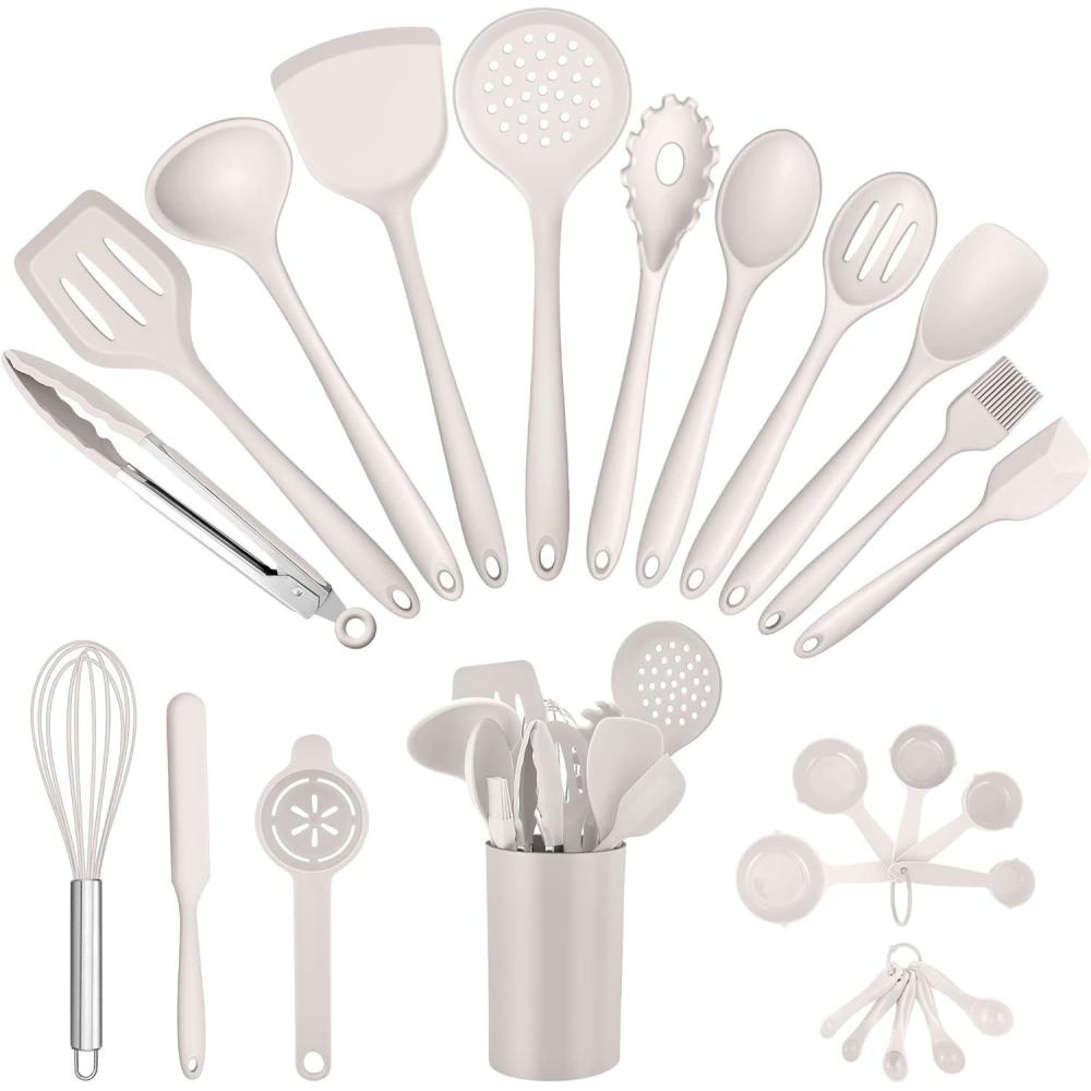 E-far Silicone Cooking Utensils Set, 25 Piece Kitchen Utensils with Holder, Non Toxic Kitchen Tools Spatula, Turner, Spoon, Ladle for Nonstick Cookware, Heat Resistant & Dishwasher Safe – Black(Khaki)