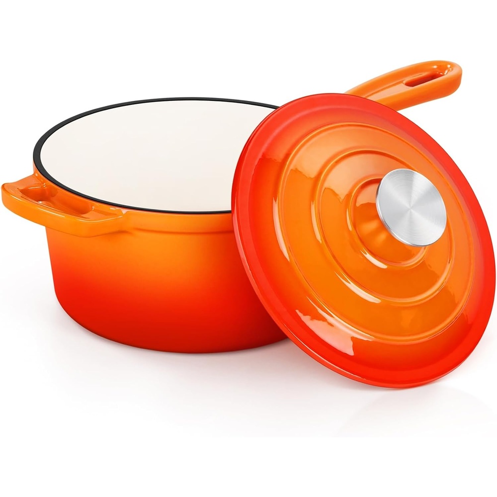 E-far 1Qt & 2Qt Enameled Cast Iron Sauce Pan Set with Self-basting Lids | Small Heavy Duty Dutch Oven Pot for All Kitchen Stove, Induction-Ready & Easy Clean, Pink(Orange)