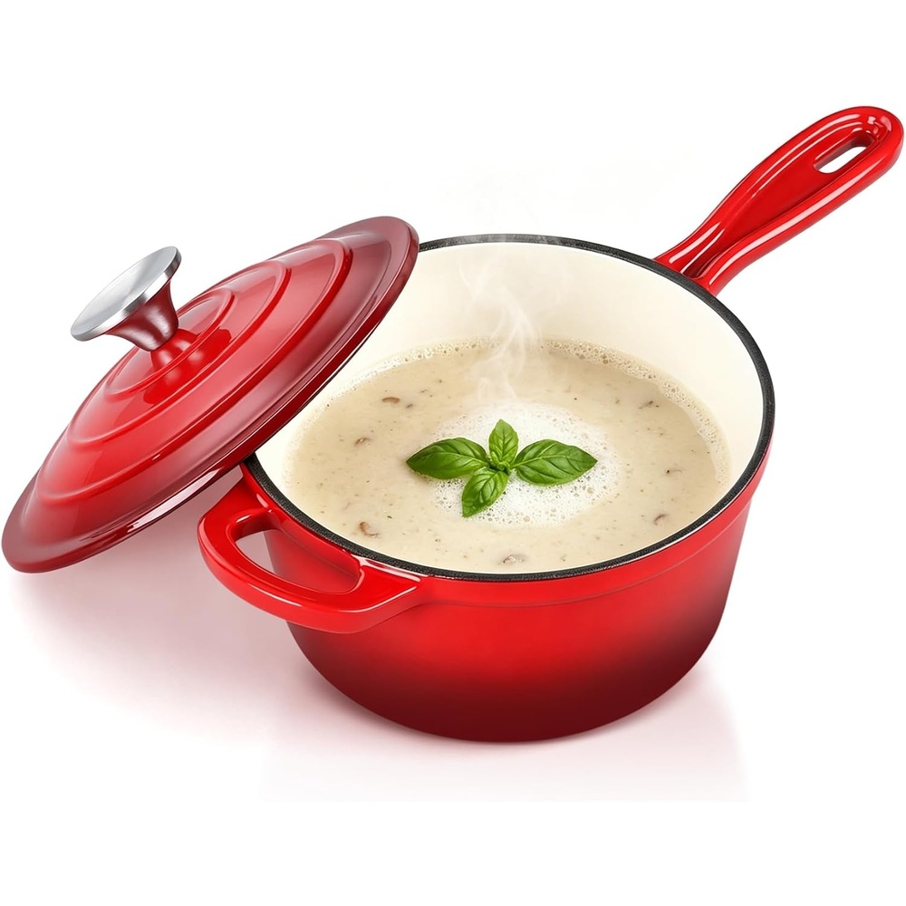 E-far Enameled Cast Iron Sauce Pan with Lid, 1 Quart Dutch Oven Cooking Pot(Red)