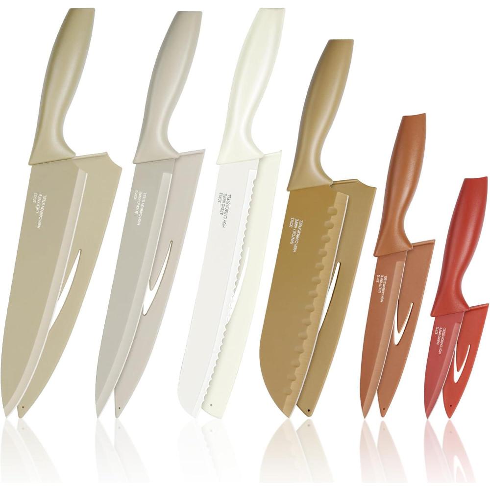 E-far 12-Piece Kitchen Knife Set, Stainless Steel Chef Knives Set with 6 Blade Guards, Sharp Kitchen Cooking Knife with Ergonomic Handle, Anti-Rust & Easy to Clean (Cream)(Assorted)